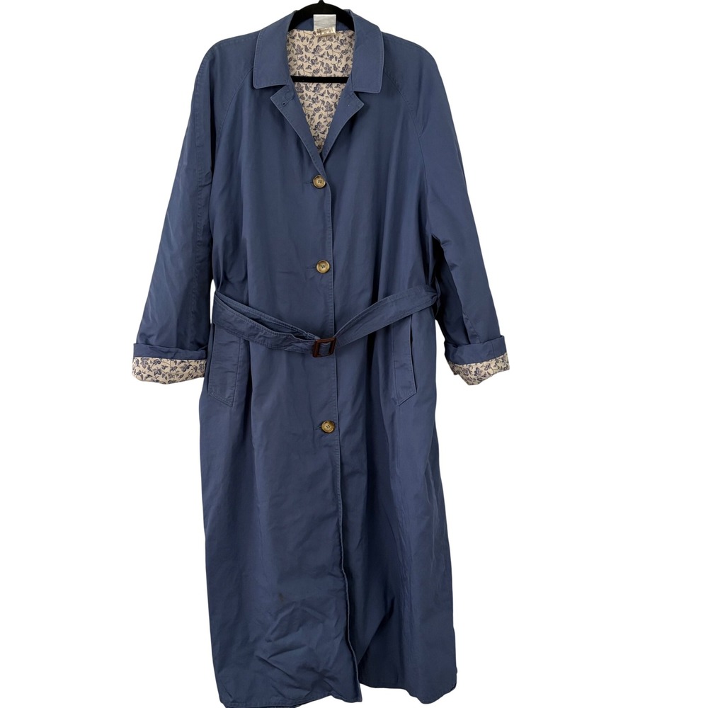 VTG Laura Ashley BLu Cotton Trench Coat Belted Made in Great Britain Floral M/L